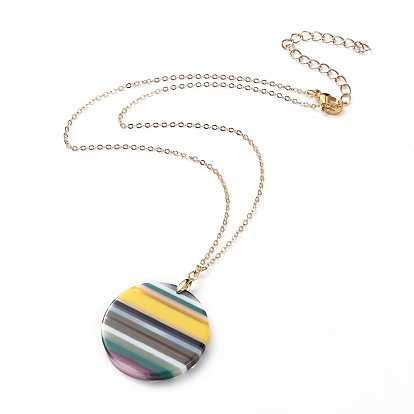 Pendant Necklaces, with Resin Pendants, Brass Cable Chains, 304 Stainless Steel Lobster Claw Clasps, Flat Round