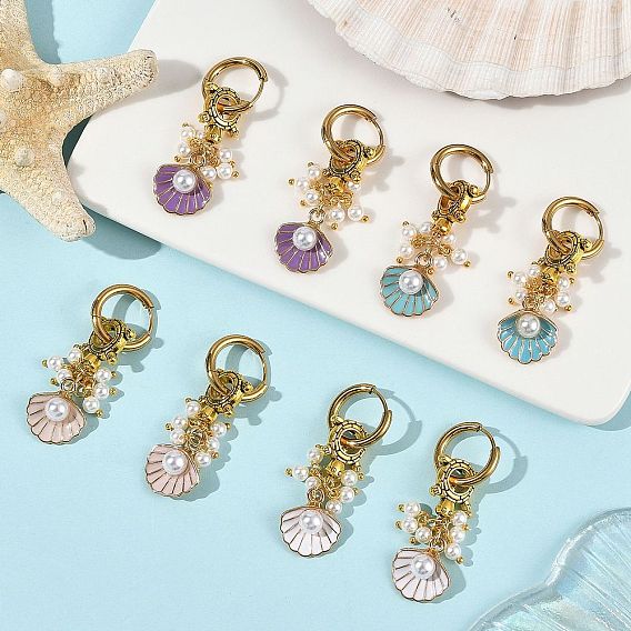 Alloy & Shell Pearl Dangle Earrings, Shell Shape, 304 Stainless Steel Enamel Hoop Earrings for Women, Golden