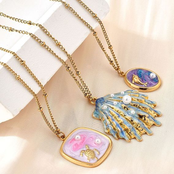 Летний пляж 304 эмалированные подвески из нержавеющей стали для женщин, с пластиковой жемчужины, реальный 18 k позолоченный