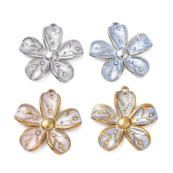 304 Stainless Steel Enamel Pendants, Flower Charms, Ion Plating(IP)