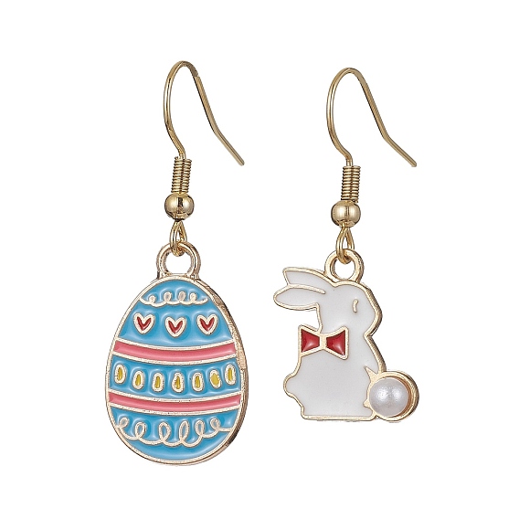 Easter Themed Alloy Enamel Dangle Earrings, Rabbit & Egg Asymmetrical Earrings