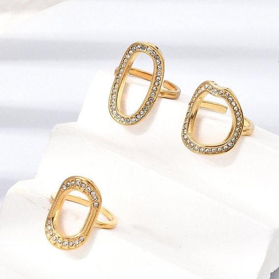 304 Stainless Steel Rhinestone Cuff Open Rings for Women, Oval, Ion Plating(IP)
