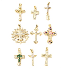 Brass Micro Pave Cubic Zirconia Pendants, Cross Charms, Real 16K Gold Plated