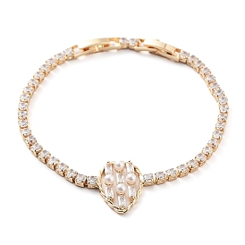 Teardrop Brass Micro Pave Cubic Zirconia Link Bracelets, with Plastic Pearl, Long-Lasting Plated