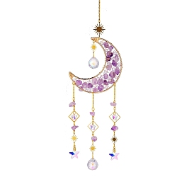 Natural Amethyst Pendant Decorations, with Metal Moon & Sun, Glass Suncatchers, Ball & Star Prism for Chandelier Ceiling
