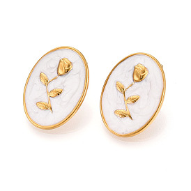 304 серьги из нержавеющей стали эмаль, ионное покрытие (ip), овальные с цветком, реальный 18 k позолоченный
