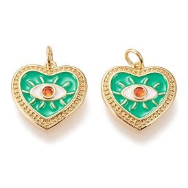 Brass Micro Pave Cubic Zirconia Pendants, with Enamel and Jump Rings, Long-Lasting Plated, Heart & Eye, Medium Spring Green