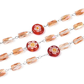 304 цепные цепи из нержавеющей стали, с гранёными стеклянными бусинами бочкообразной формы и техникой миллефиори, выполненной методом выдувания стекла., плоские круглые с цветочным узором, пайки, с катушкой, цвет нержавеющей стали