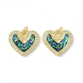 Brass Micro Pave Cubic Zirconia Pendants, with Synthetic Opal and Jump Ring, Heart