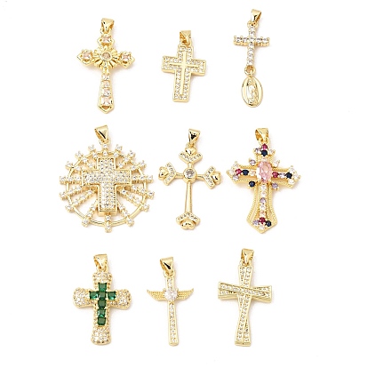 Brass Micro Pave Cubic Zirconia Pendants, Cross Charms, Real 16K Gold Plated