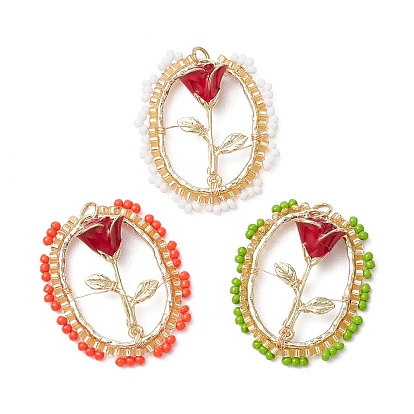 Овальные стеклянные бусины с подвесками в виде роз, с подвеской из сплава эмали и настоящим 18k золотом 304 из нержавеющей стали с открытыми соединительными кольцами