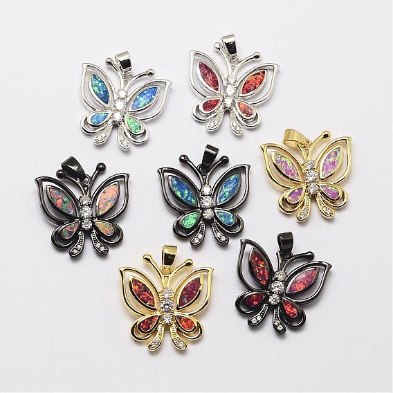 Brass Micro Pave Cubic Zirconia Pendants, with Synthetic Opal, Butterfly, Cadmium Free & Lead Free