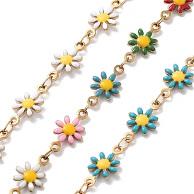 304 Stainless Steel Handmade Beaded Chain, with Enamel, with Spool, Soldered, Real 18K Gold Plated, Flower