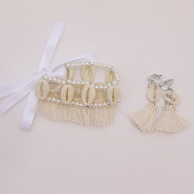 Комплекты серег и ожерелий из полиэстера с кисточками и пластиковыми бусинами для женщин, формы раковины