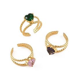 304 Открытые кольца-манжеты из нержавеющей стали и кубического циркония для женщин, сердце, золотые