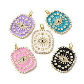 Rack Plating Brass Pave Cubic Zirconia Enamel Pendants, with Jump Ring, Lead Free & Cadmium Free, Real 18K Gold Plated, Long-Lasting Plated, Rectangle with Eye Pattern Charm