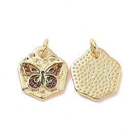 Rack Plating Brass Charms, with Enamel and Jump Ring, Cadmium Free & Lead Free, Long-Lasting Plated, Hexagon with Butterfly Pattern