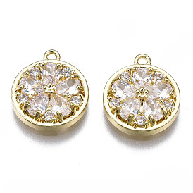 Brass Micro Pave Clear Cubic Zirconia Charms, Flat Round with Flower
