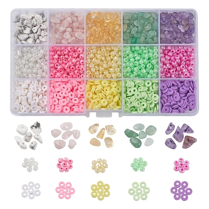 15 Style Handmade Polymer Clay Beads, Gemstone Beads, Glass Seed Beads