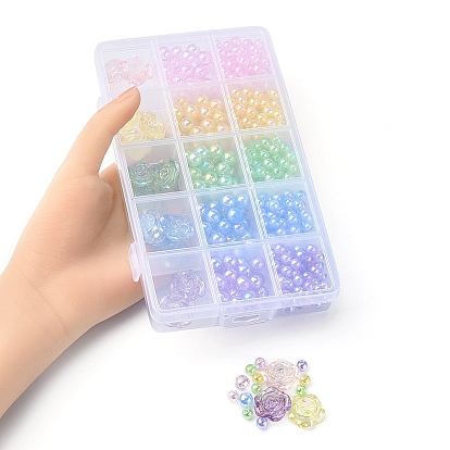545Pcs 15 Style Transparent Acrylic Beads, AB Colors Plated, Round & Flower