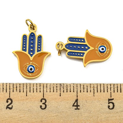 Ion Plating(IP) 304 Stainless Steel Pendants, with Enamel and Jump Ring, Hamsa Hand with Evil Eye Charm