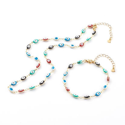 Brass Enamel Evil Eye Link Chain Bracelets & Necklaces Jewelry Sets, with 304 Stainless Steel Lobster Claw Clasps, Golden