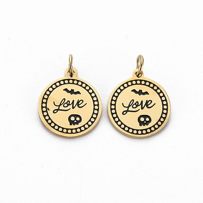 Ion Plating(IP) 316 Surgical Stainless Steel Enamel Charms, with Jump Rings, Laser Cut, Cadmium Free & Nickel Free & Lead Free, Flat Round with Bat, Skull & Word Love, Black