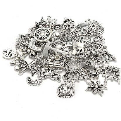 Mixed Shape Tibetan Style Alloy Pendants, 14~62x8~35x1.5~8mm, Hole: 1~4.5mm