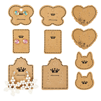 150шт 5 стили крафт-бумага серьги дисплей карты, с 5 металлическими стяжками из металлической проволоки, кот, прямоугольник, сердце и бабочка, разнообразные