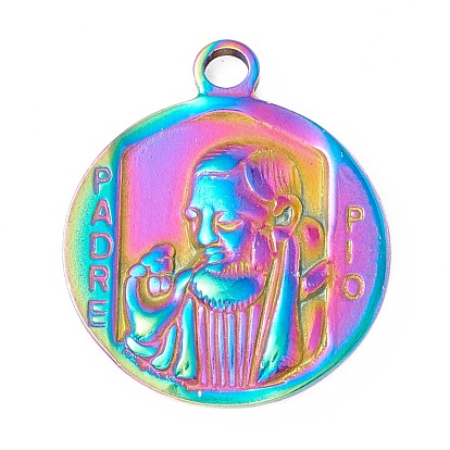 Ion Plating(IP) 304 Stainless Steel Pendants, Flat Round with Saint Padre Pio