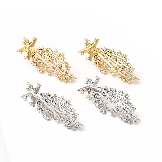 Rack Plating Brass Micro Pave Cubic Zirconia Stud Earrings for Women, Long-Lasting Plated, Lead Free & Cadmium Free, Meteor