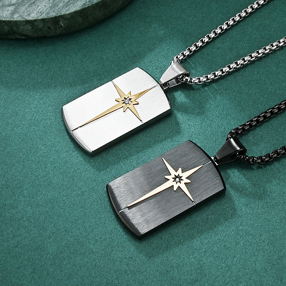 Collier pendentif étoile en acier inoxydable bicolore serti de zirconiums cubiques transparents, style plaque militaire, pour homme