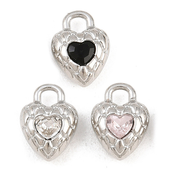 Alloy with Rhinestone Charms, Heart Charms, Rack Plating, Platinum