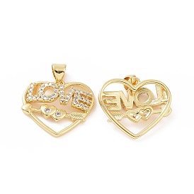 Brass Micro Pave Cubic Zirconia Pendants, Love Heart with Arrow Charm for Valentine's Day