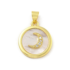 Rack Plating Brass Micro Pave Cubic Zirconia Pendants, with Natural Shell, Cadmium Free & Lead Free, Long-Lasting Plated, Flat Round with Moon Pattern