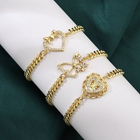 Brass Micro Pave Clear Cubic Zirconia Link Bracelets, Curb Chains Jewely for Women, Real 18K Gold Plated