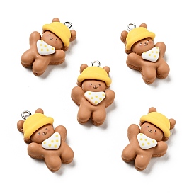 Opaque Resin Pendants, Bear with Yellow Hat Charm, with Platinum Tone Iron Loops