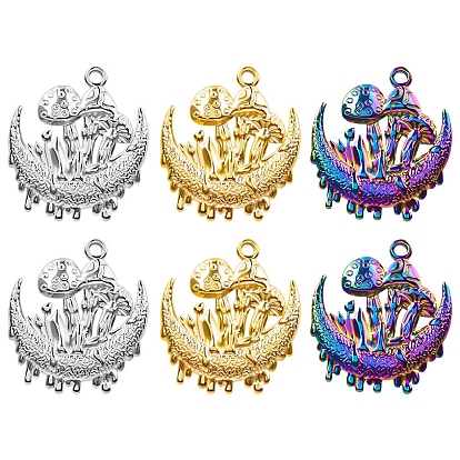 304 Stainless Steel Pendants, Moon with Mushroom Charm