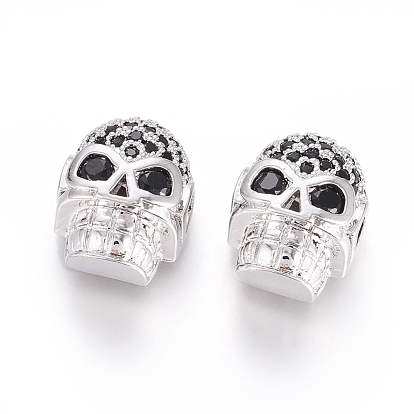 Brass Micro Pave Cubic Zirconia Beads, Long-Lasting Plated, for Halloween, Skull Head
