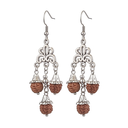 Natural Rudraksha Dangle Earrings, with 316 Surgical Stainless Steel Earring Hooks, Teardrop