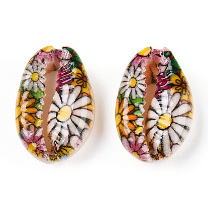 Flower Printed Cowrie Shell Beads, No Hole/Undrilled