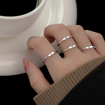 Adjustable 925 Sterling Silver Initial Letter Signet Ring for Women, Platinum