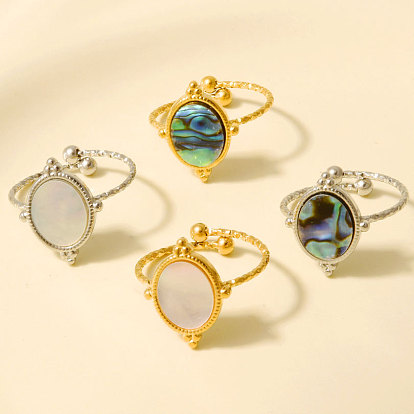 304 Открытые кольца-манжеты из нержавеющей стали с натуральными ракушками для женщин, круглые