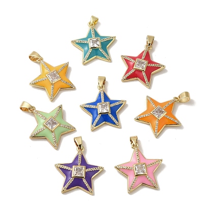 Brass Micro Pave Cubic Zirconia Pendants, Cadmium Free & Nickel Free & Lead Free, with Enamel, Star