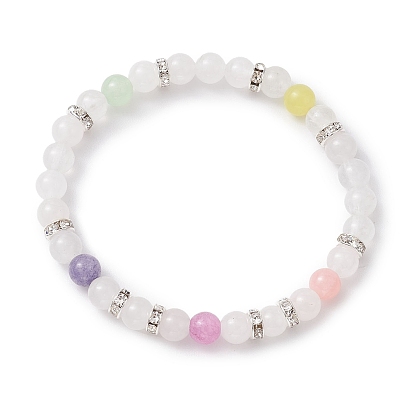 6.5mm Natural Mixed Gemstone Round Beaded Stretch Bracelets, Brass Crystal Rhinestone Bracelets for Women