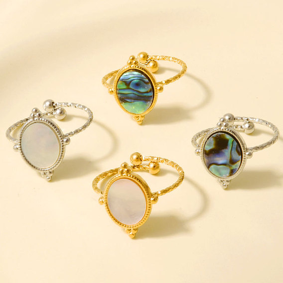 304 Открытые кольца-манжеты из нержавеющей стали с натуральными ракушками для женщин, круглые