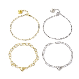 4Pcs 4 Style Brass and 304 Stainless Steel Paperclip  Chain Bracelets Sets, with Heart Brass Magnetic Clasps with Loops for Women