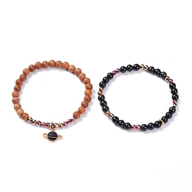 2Pcs 2 Style Natural Obsidian & Synthetic Hematite & Wood Stretch Bracelets Set with Planet Charm, Gemstone Yoga Jewelry for Women