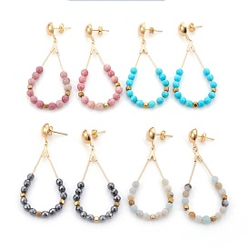 Brass Ear Studs, with Natural & Synthetic Mixed Stone, and Electroplate Non-magnetic Synthetic Hematite Beads, Golden