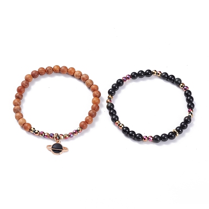 2Pcs 2 Style Natural Obsidian & Synthetic Hematite & Wood Stretch Bracelets Set with Planet Charm, Gemstone Yoga Jewelry for Women
